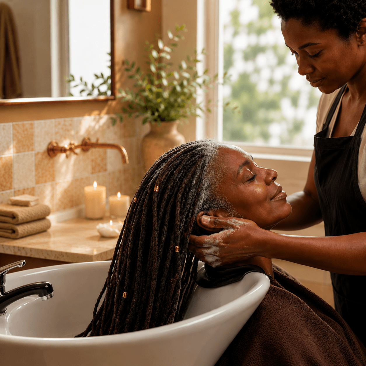 Founder of Mend My Locs having her silver-gray locs gently washed and cared for