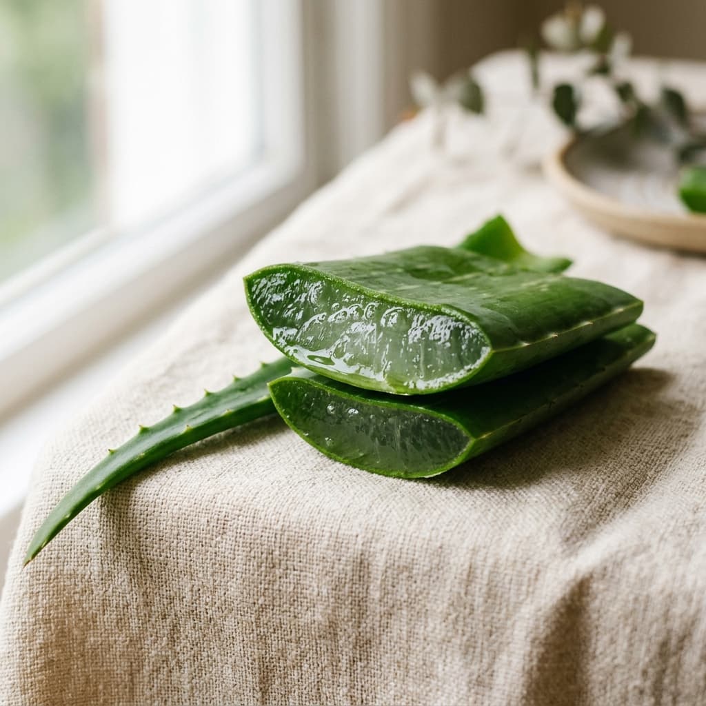Sliced aloe vera leaf with translucent gel on a warm cream linen background