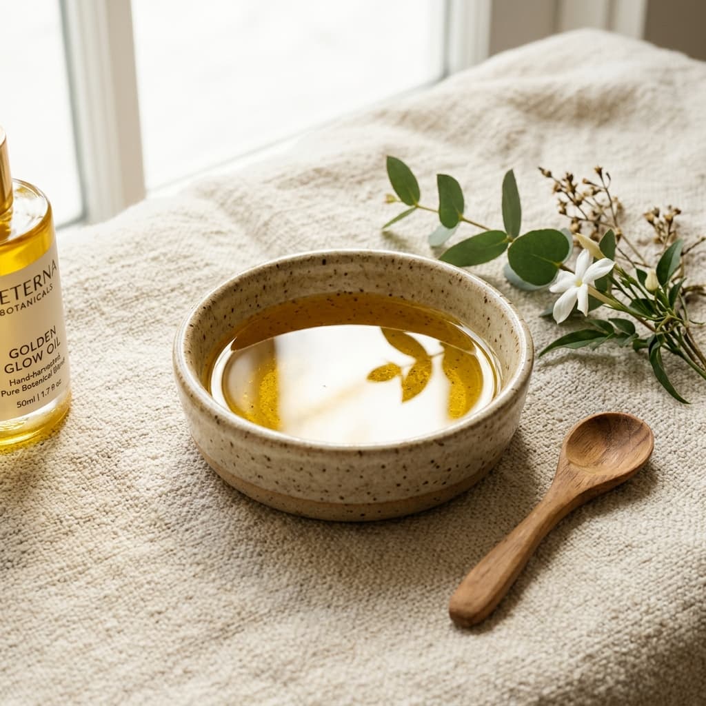 Botanical oil ingredients on a warm cream linen background