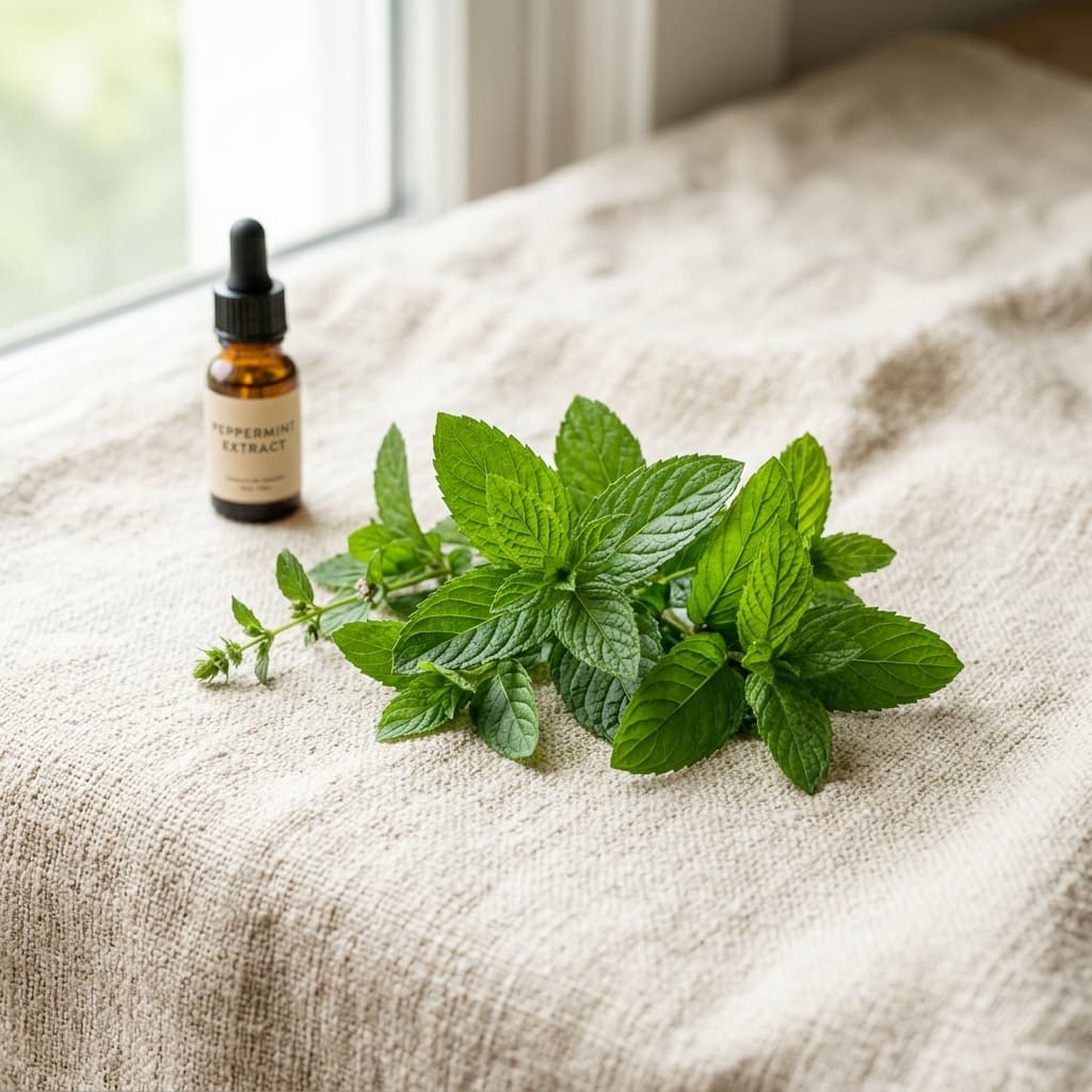 Fresh peppermint leaves on a warm cream linen background, side-lit