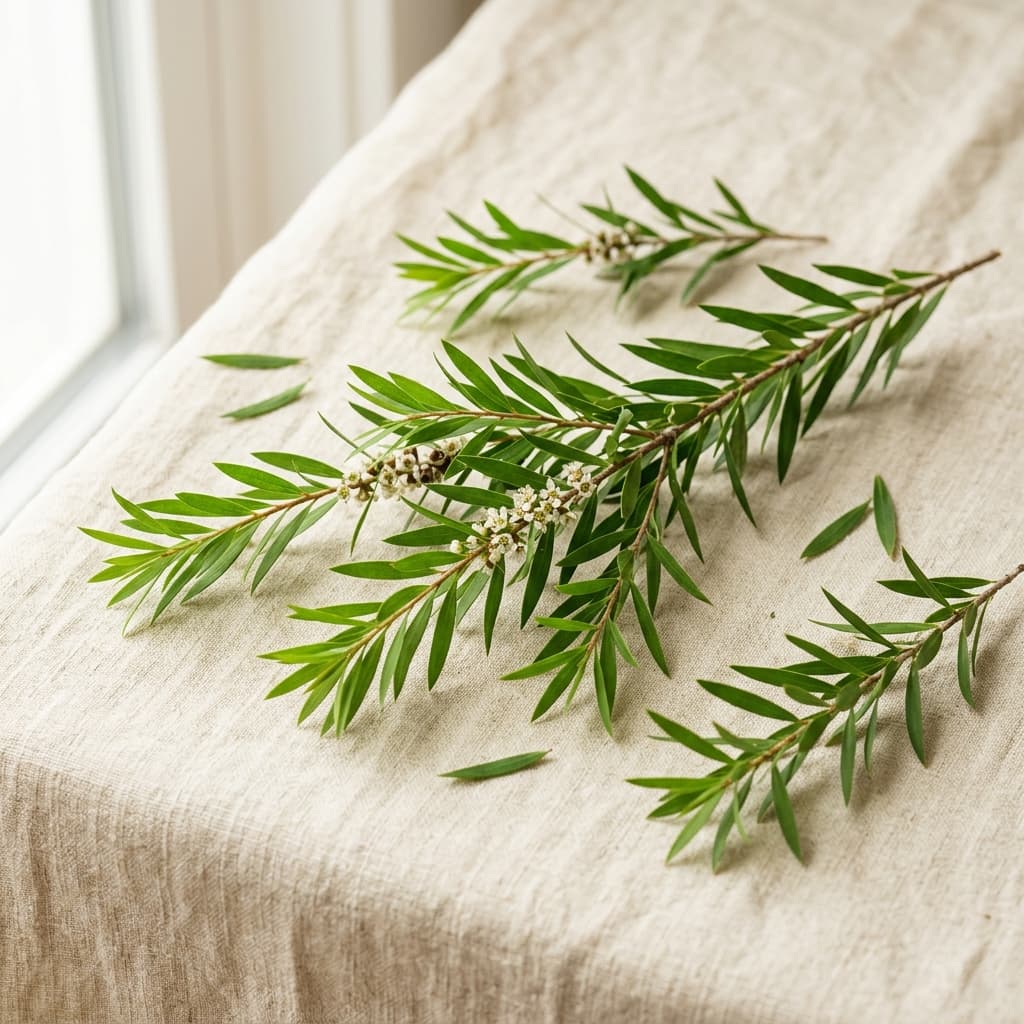 Fresh tea tree (Melaleuca) sprigs arranged on a warm cream linen background